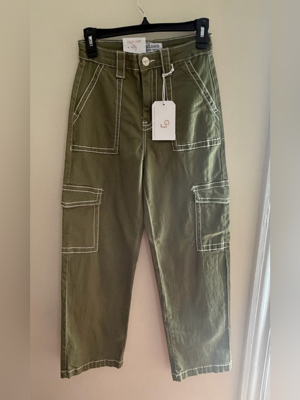 Gogo Jeans Olive Green Cargo Pants with White Stitching
